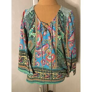 Figueroa & Flower Lace Floral Print Top Tunic M Dopamine Boho Festival Hippie